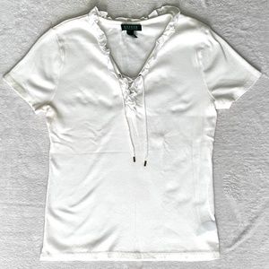 Lauren Ralph Lauren Women's White Ribbed Ruffled V-Neck T Shirt Large